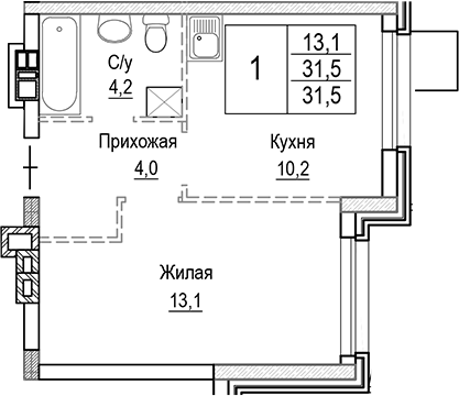 Планировка — Лесная Отрада, 1-комн., 32 м²