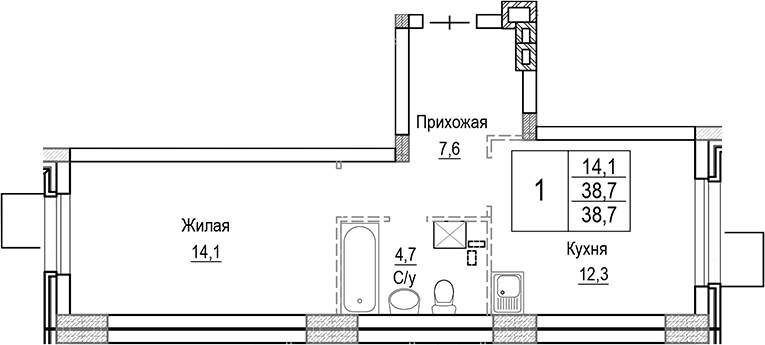 Планировка — Лесная Отрада, 1-комн., 39 м²