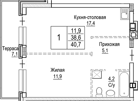 Планировка — Лесная Отрада, 2-комн., 39 м²