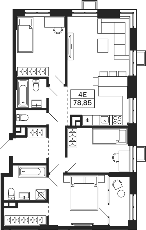Планировка — Тетрис, 4-комн., 78 м²