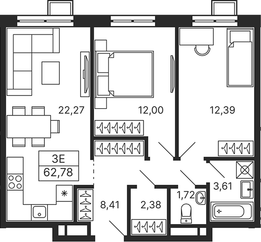 Планировка — Тетрис, 3-комн., 63 м²