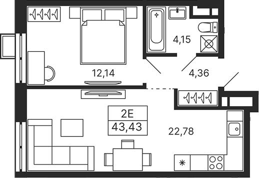 Планировка — Тетрис, 2-комн., 43 м²