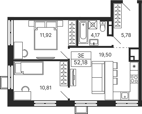Планировка — Тетрис, 3-комн., 52 м²