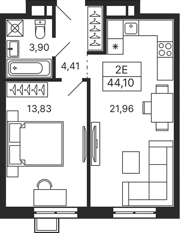 Планировка — Тетрис, 2-комн., 44 м²