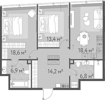 Планировка — ОНЕ, 3-комн., 78 м²