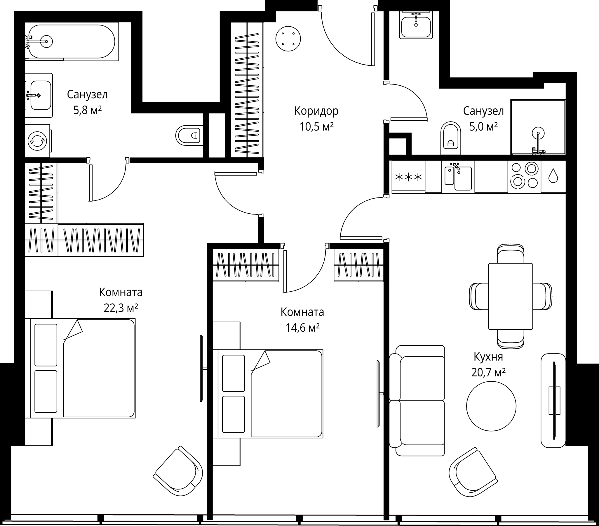 Планировка — ОНЕ, 3-комн., 79 м²