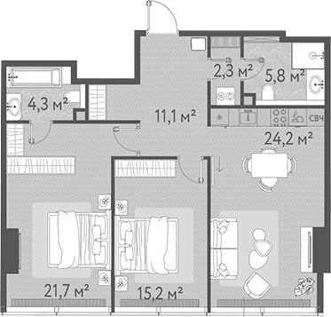 Планировка — ОНЕ, 3-комн., 85 м²