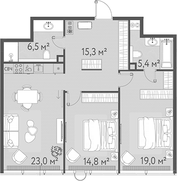 Планировка — ОНЕ, 3-комн., 84 м²