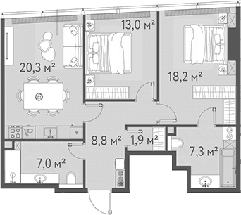 Планировка — ОНЕ, 3-комн., 77 м²