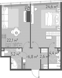 Планировка — ОНЕ, 2-комн., 66 м²