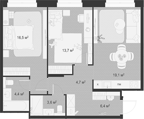 Планировка — Гранд Комфорт 3, 3-комн., 68 м²
