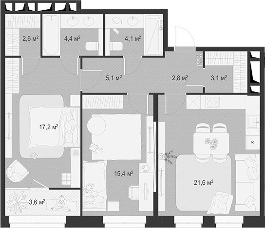 Планировка — Гранд Комфорт 3, 3-комн., 76 м²