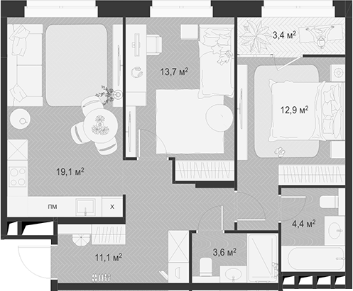 Планировка — Гранд Комфорт 3, 3-комн., 65 м²