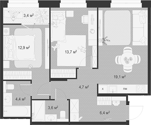 Планировка — Гранд Комфорт 3, 3-комн., 65 м²