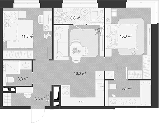 Планировка — Гранд Комфорт 3, 3-комн., 60 м²