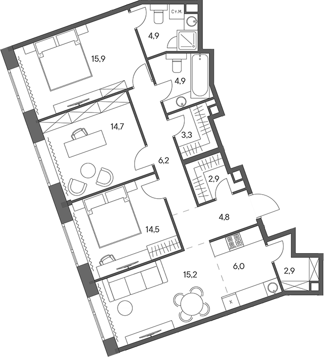Планировка — Родина Переделкино, 4-комн., 96 м²