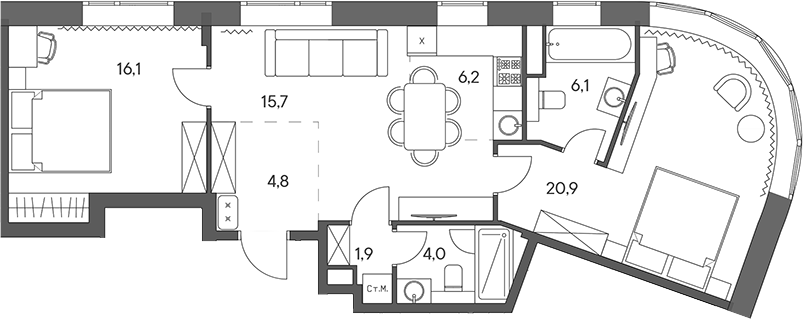 Планировка — Родина Переделкино, 3-комн., 76 м²
