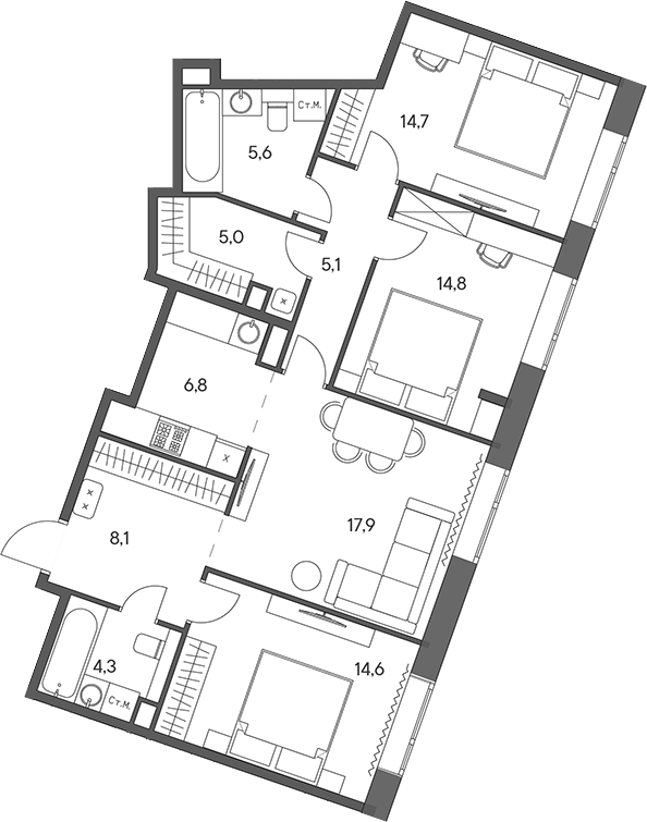 Планировка — Родина Переделкино, 4-комн., 97 м²