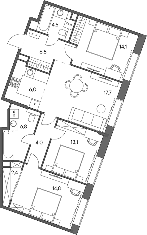 Планировка — Родина Переделкино, 4-комн., 90 м²