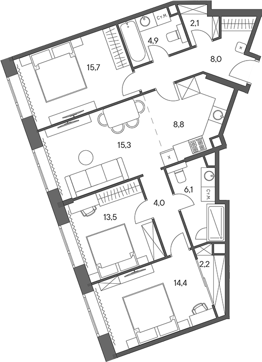 Планировка — Родина Переделкино, 4-комн., 95 м²