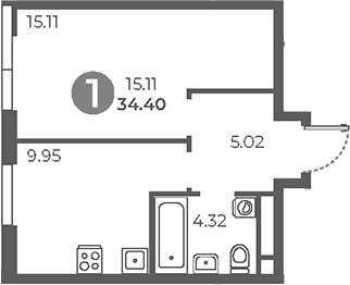 Планировка — Нижегородская от Гранель, 1-комн., 34 м²