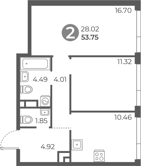 Планировка — Нижегородская от Гранель, 2-комн., 54 м²