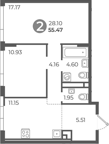Планировка — Нижегородская от Гранель, 2-комн., 55 м²