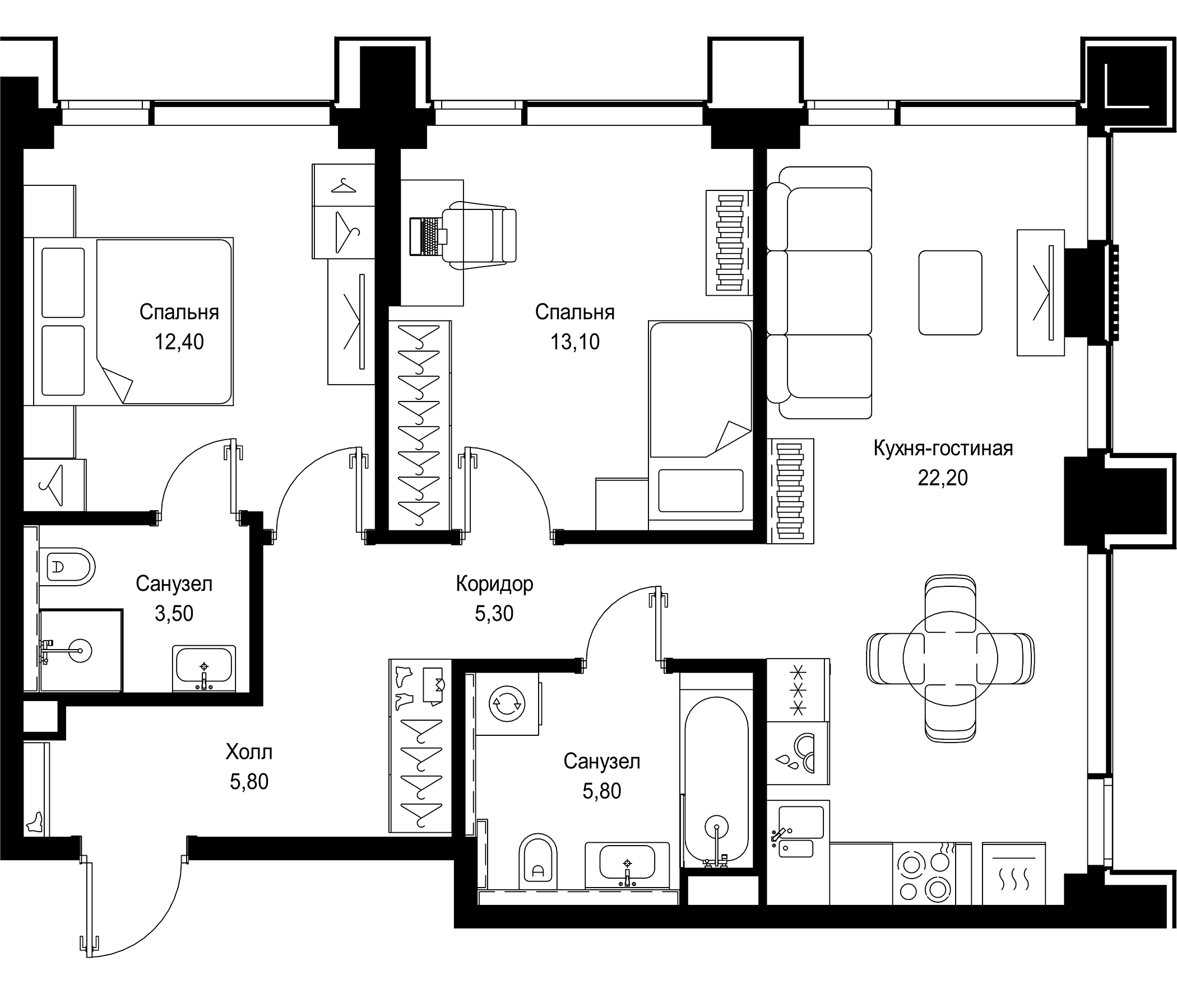 Планировка — СИТИДЗЕН, 3-комн., 68 м²