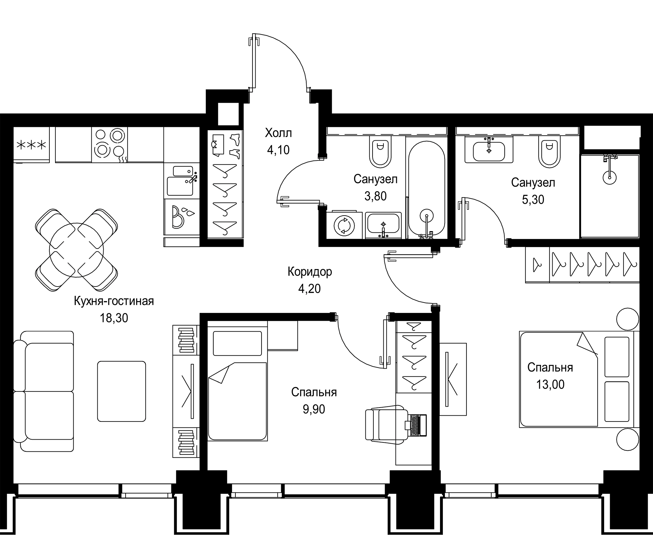 Планировка — СИТИДЗЕН, 3-комн., 59 м²