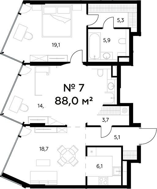 Планировка — Монблан, 3-комн., 88 м²