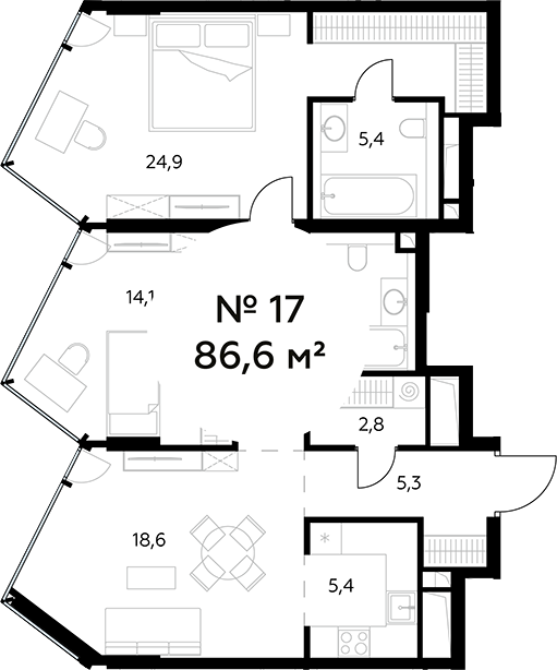 Планировка — Монблан, 3-комн., 87 м²