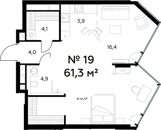 Планировка — Монблан, 2-комн., 61 м²