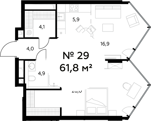 Планировка — Монблан, 2-комн., 62 м²