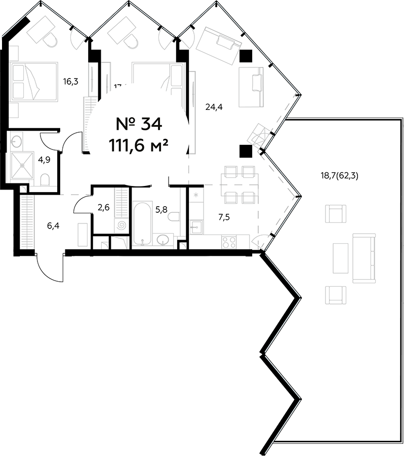 Планировка — Монблан, 3-комн., 93 м²