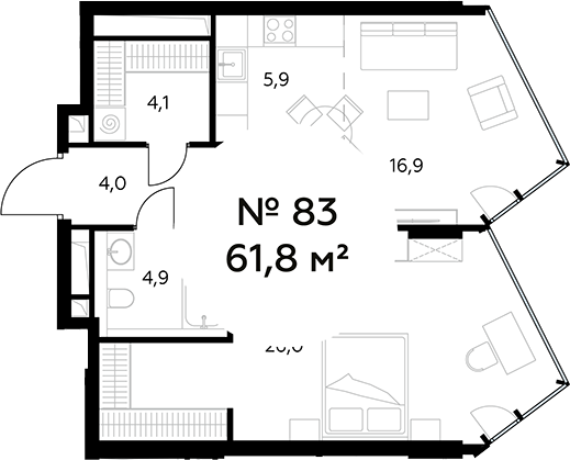 Планировка — Монблан, 2-комн., 62 м²