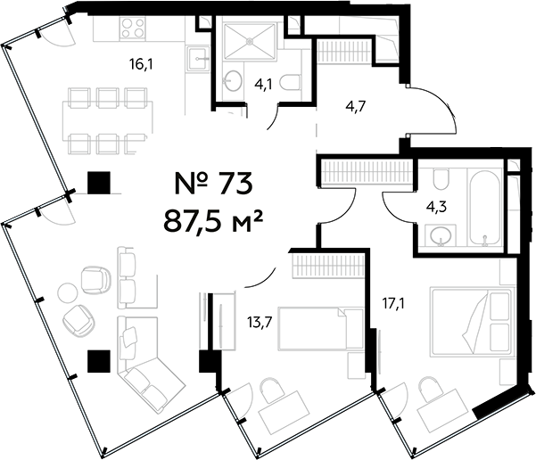 Планировка — Монблан, 3-комн., 88 м²