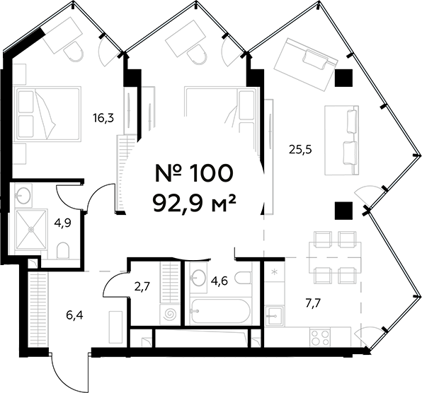 Планировка — Монблан, 3-комн., 93 м²