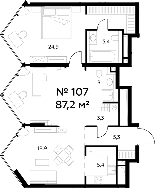 Планировка — Монблан, 3-комн., 87 м²