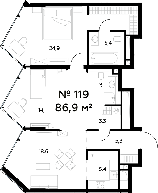 Планировка — Монблан, 3-комн., 87 м²