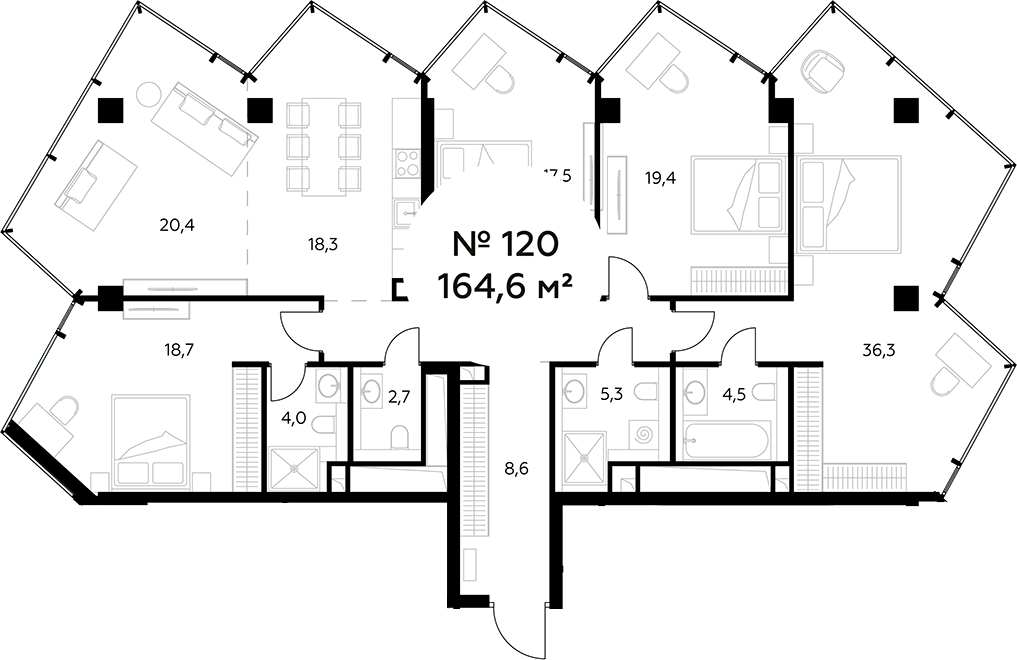 Планировка — Монблан, 5-комн., 165 м²