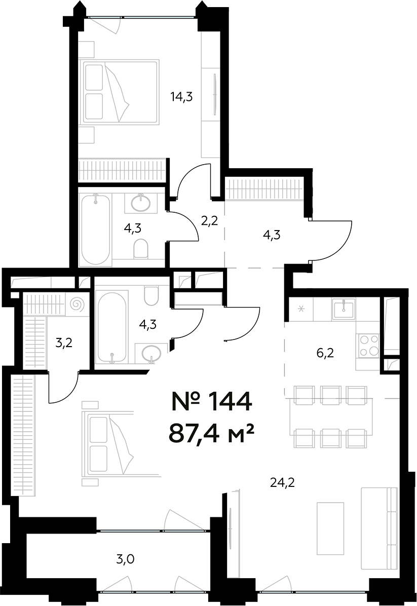 Планировка — Монблан, 3-комн., 84 м²