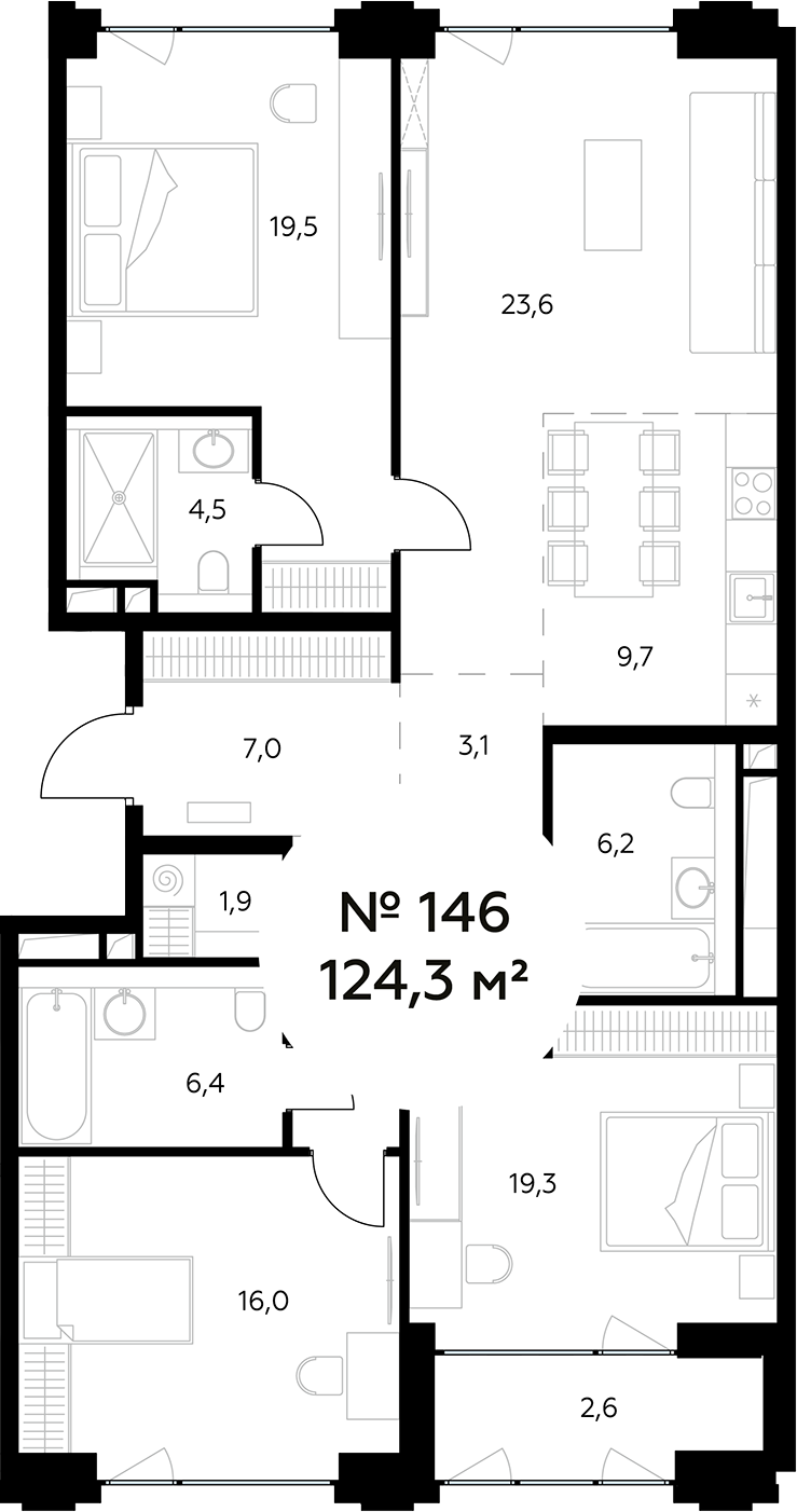 Планировка — Монблан, 4-комн., 122 м²
