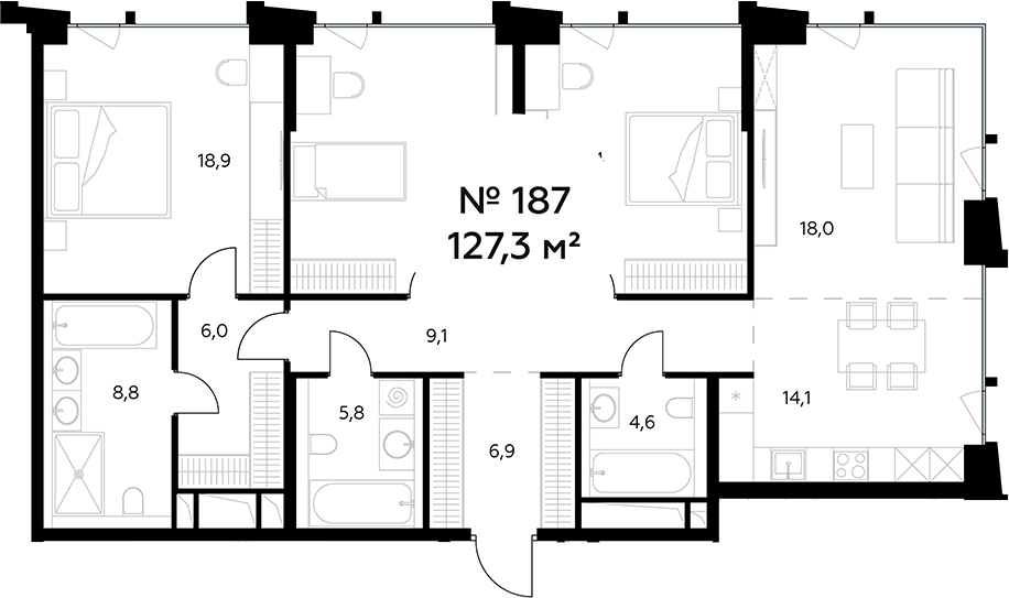 Планировка — Монблан, 4-комн., 127 м²