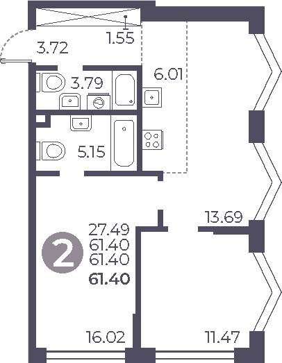 Планировка — Мневники от Гранель, 3-комн., 61 м²