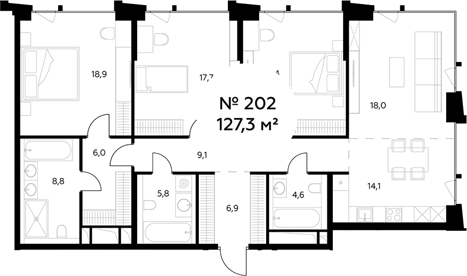 Планировка — Монблан, 4-комн., 127 м²