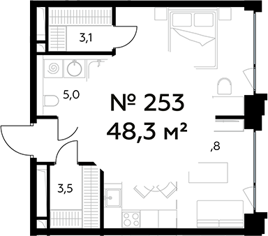Планировка — Монблан, 2-комн., 48 м²