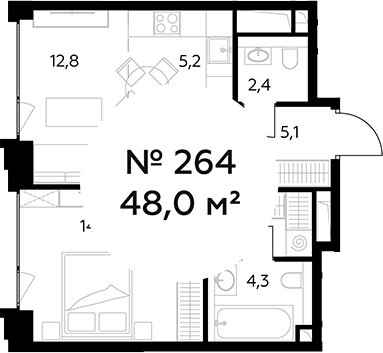 Планировка — Монблан, 2-комн., 48 м²