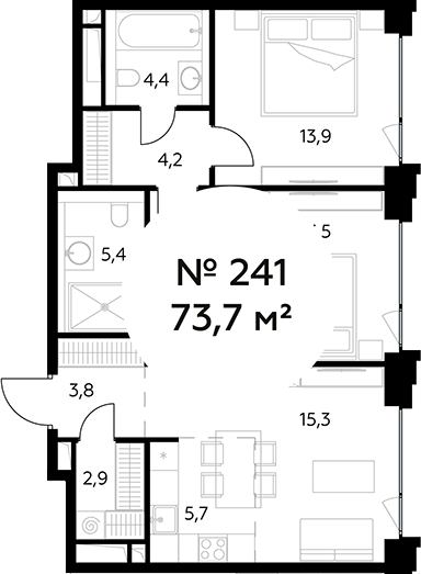 Планировка — Монблан, 3-комн., 74 м²