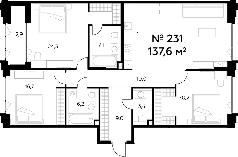 Планировка — Монблан, 4-комн., 135 м²