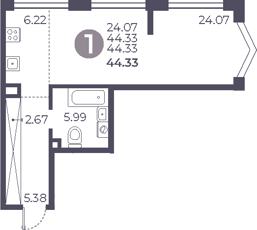 Планировка — Мневники от Гранель, Студия, 44 м²